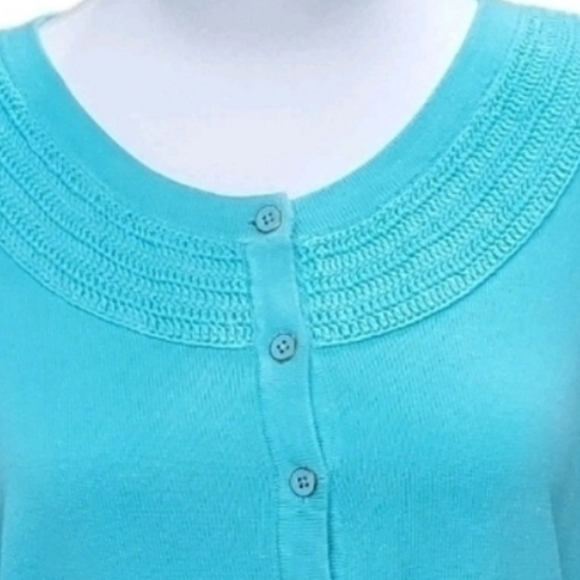 Talbots Cardigan Sweater Womens L Blue Button Up Crocheted Neckline - Picture 2 of 8